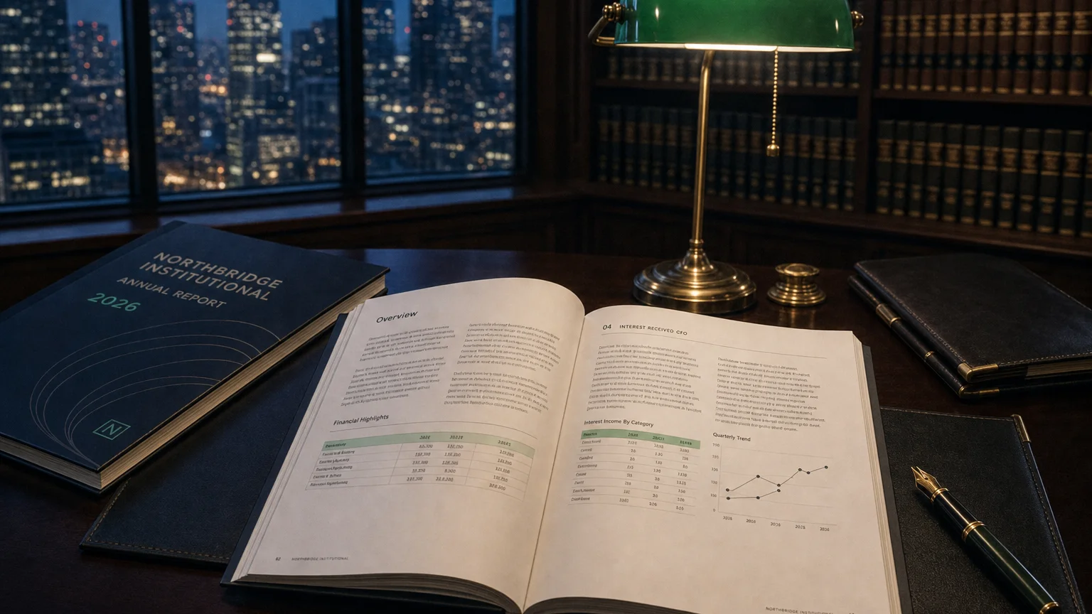 Corporate ledger or annual-report booklet open to the interest received cfo chapter on a wooden desk.