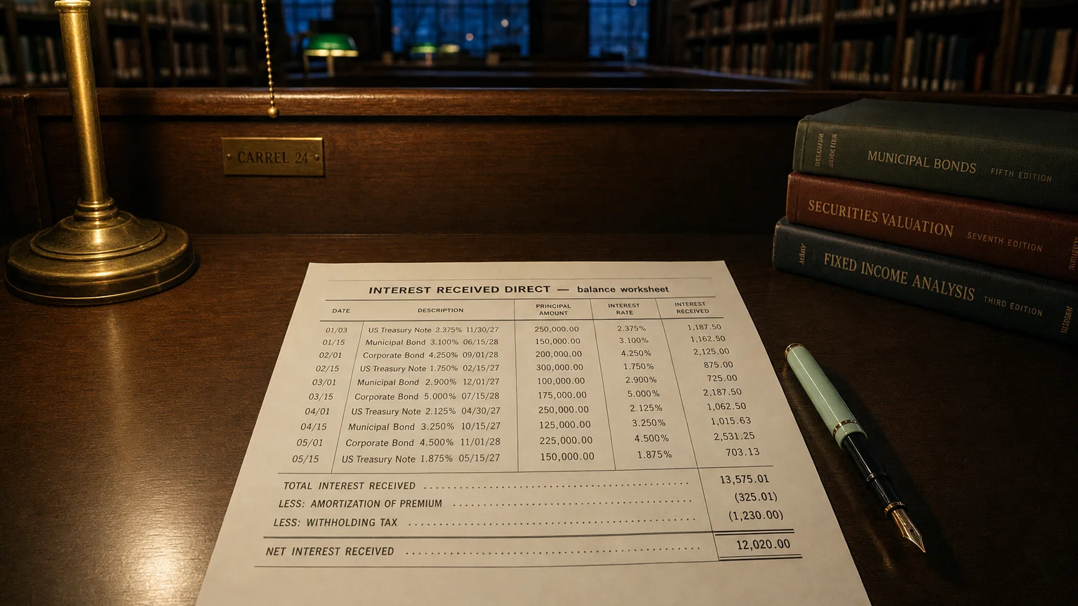 Accounting worksheet showing interest received direct line items with neat column totals and a fountain pen.