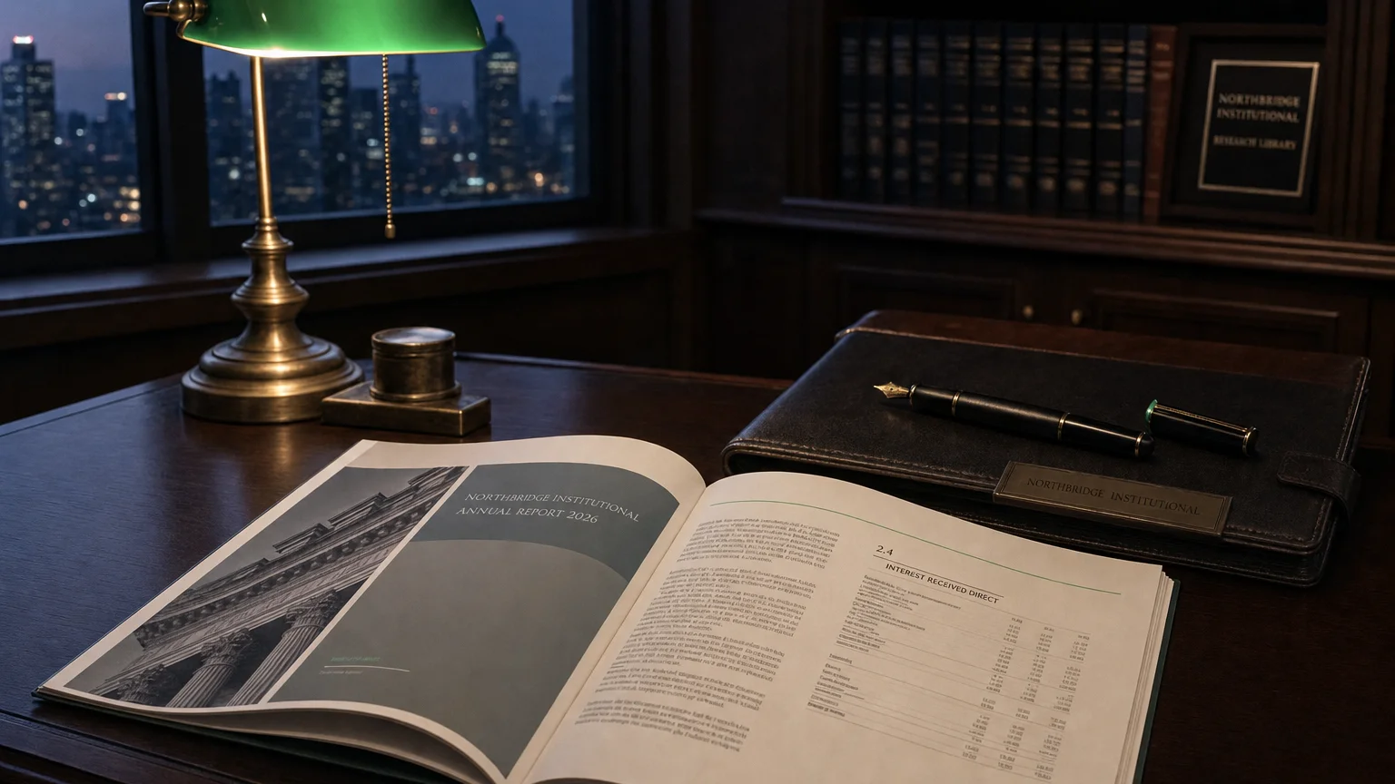 Corporate ledger or annual-report booklet open to the interest received direct chapter on a wooden desk.