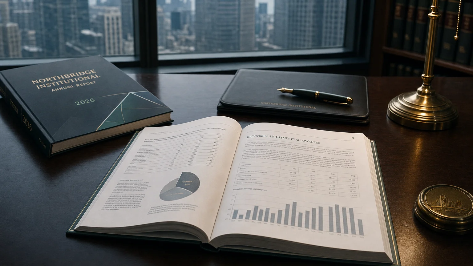 Corporate ledger or annual-report booklet open to the inventories adjustments allowances chapter on a wooden desk.