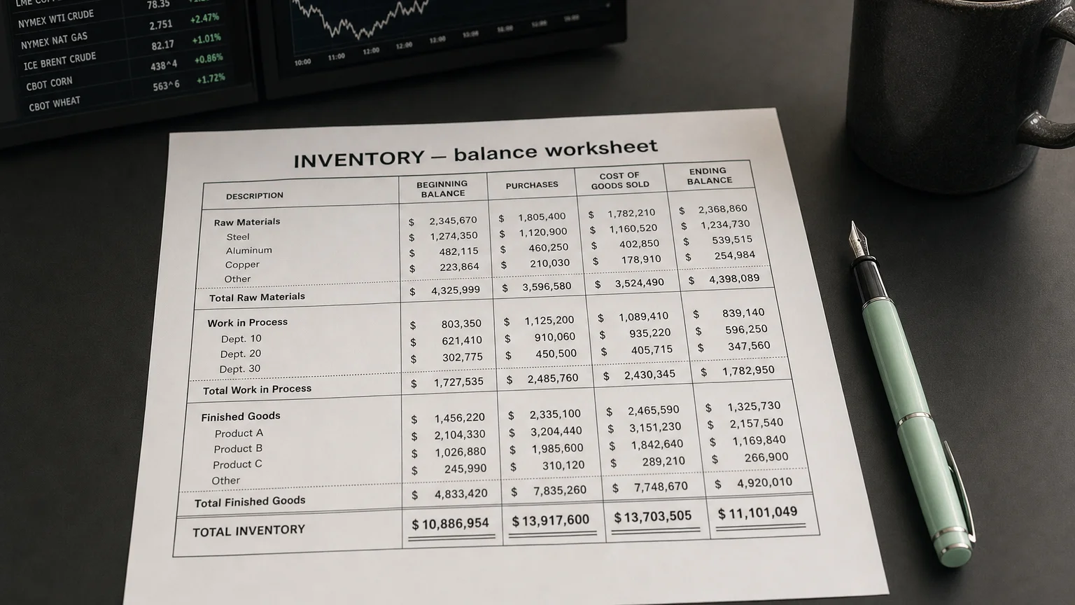 Accounting worksheet showing inventory line items with neat column totals and a fountain pen.