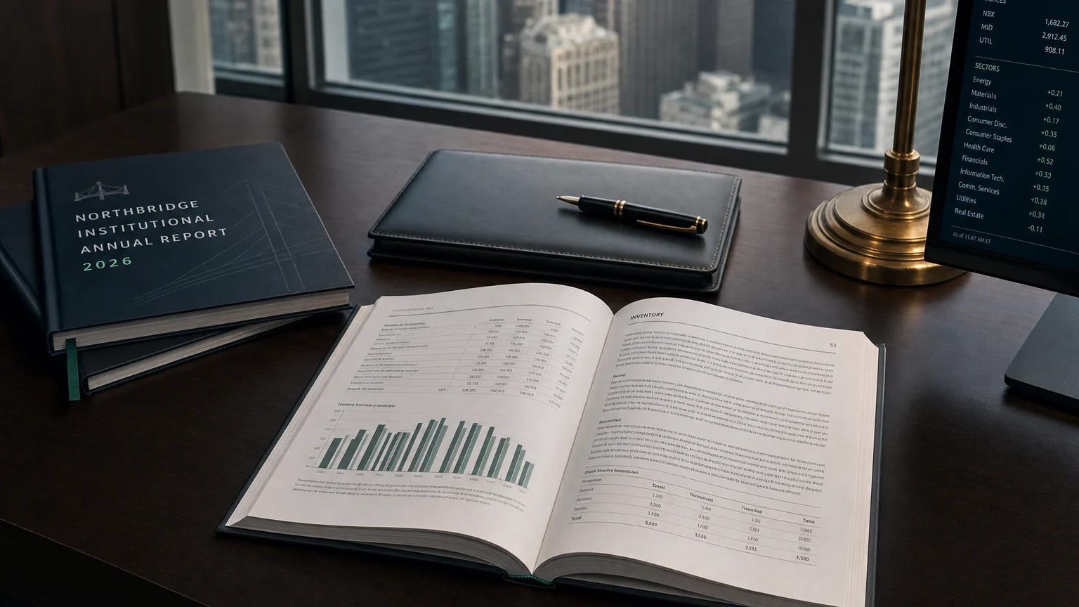 Corporate ledger or annual-report booklet open to the inventory chapter on a wooden desk.