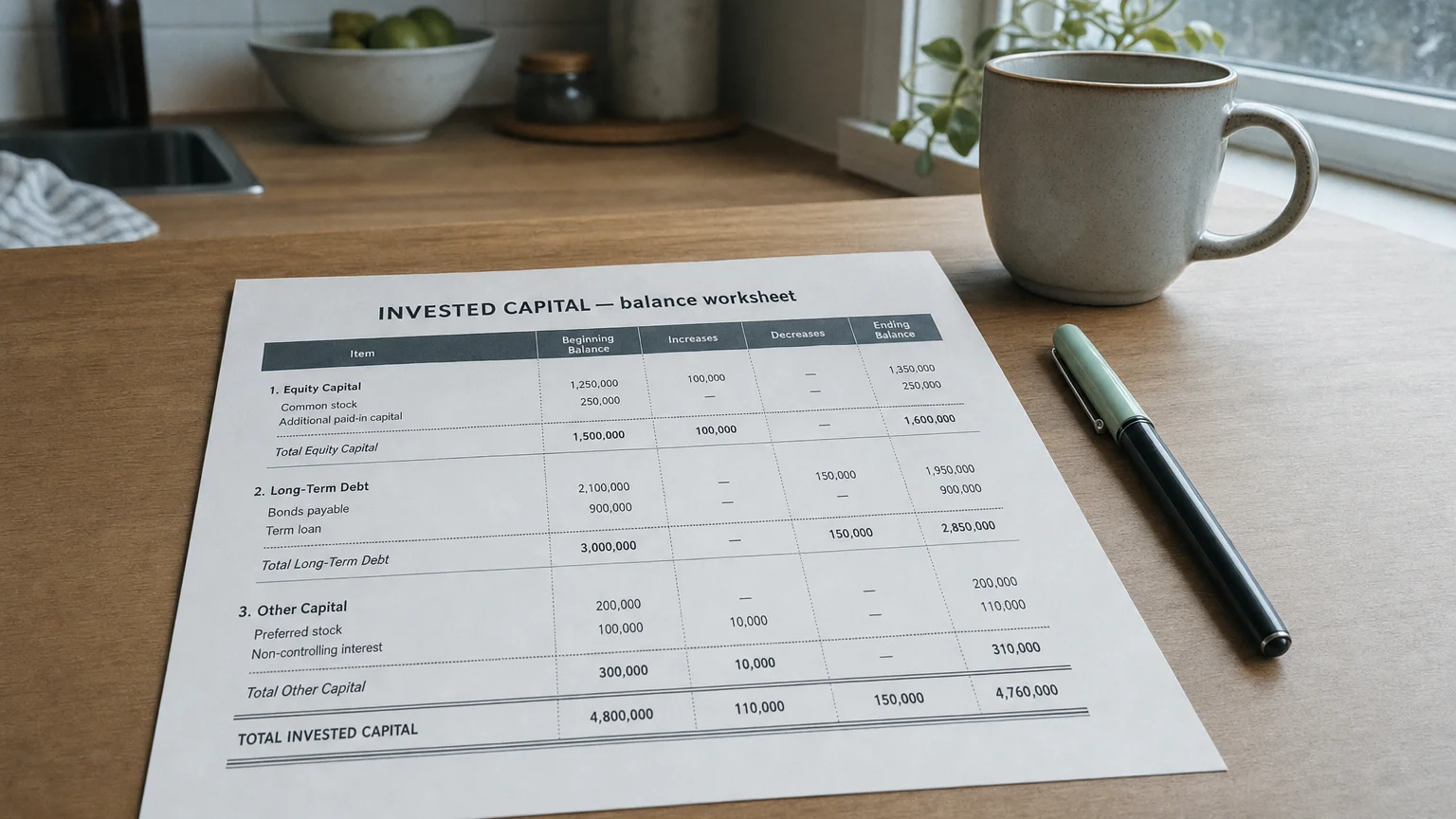 Accounting worksheet showing invested capital line items with neat column totals and a fountain pen.