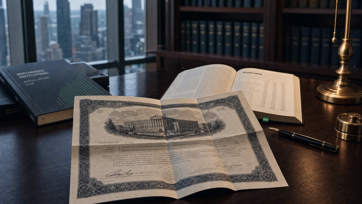 Corporate ledger or annual-report booklet open to the invested capital chapter on a wooden desk.