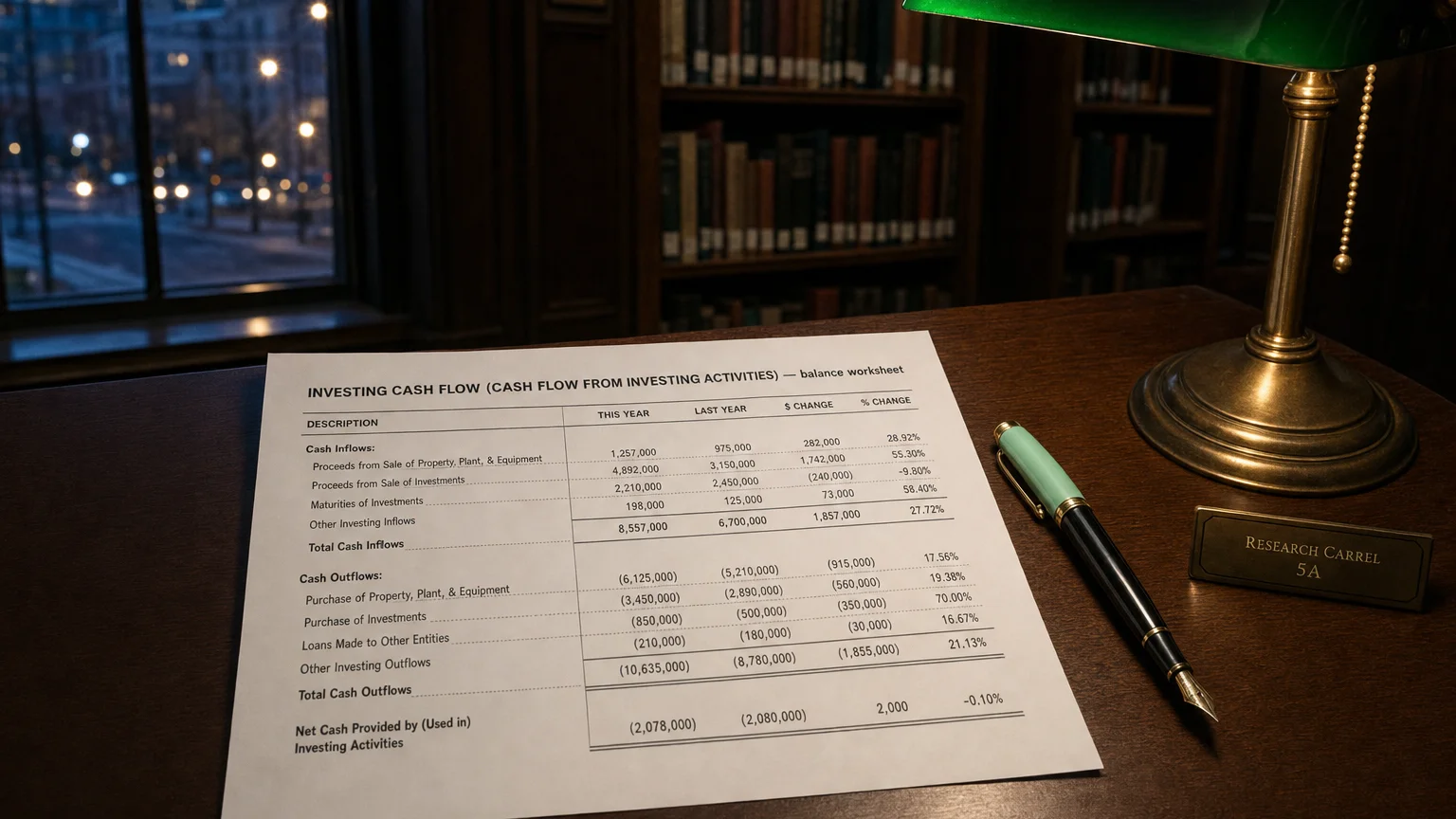 Accounting worksheet showing investing cash flow (cash flow from investing activitie line items with neat column totals and a fountain pen.
