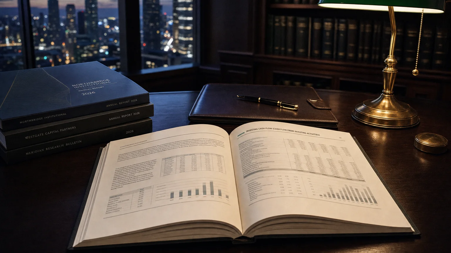 Corporate ledger or annual-report booklet open to the investing cash flow (cash flow from investing activitie chapter on a wooden desk.