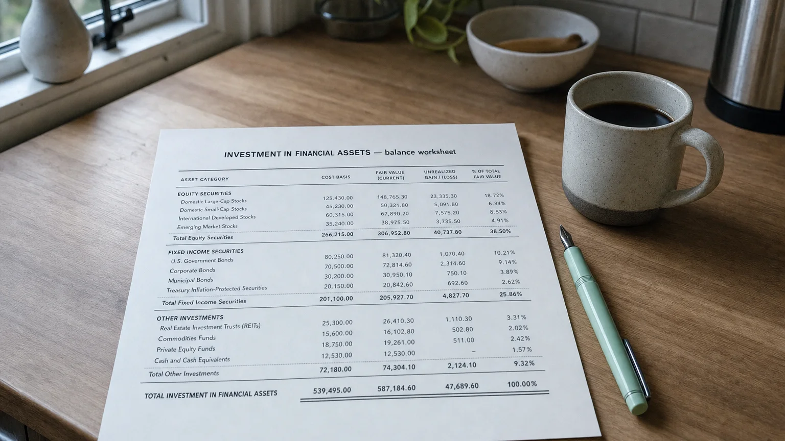 Accounting worksheet showing investment in financial assets line items with neat column totals and a fountain pen.