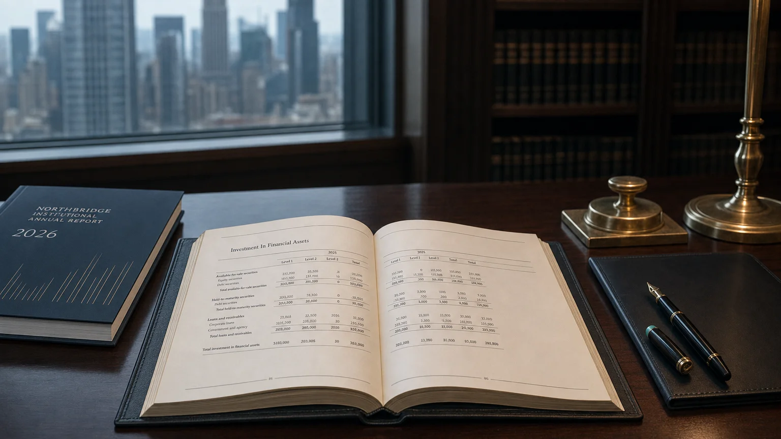 Corporate ledger or annual-report booklet open to the investment in financial assets chapter on a wooden desk.