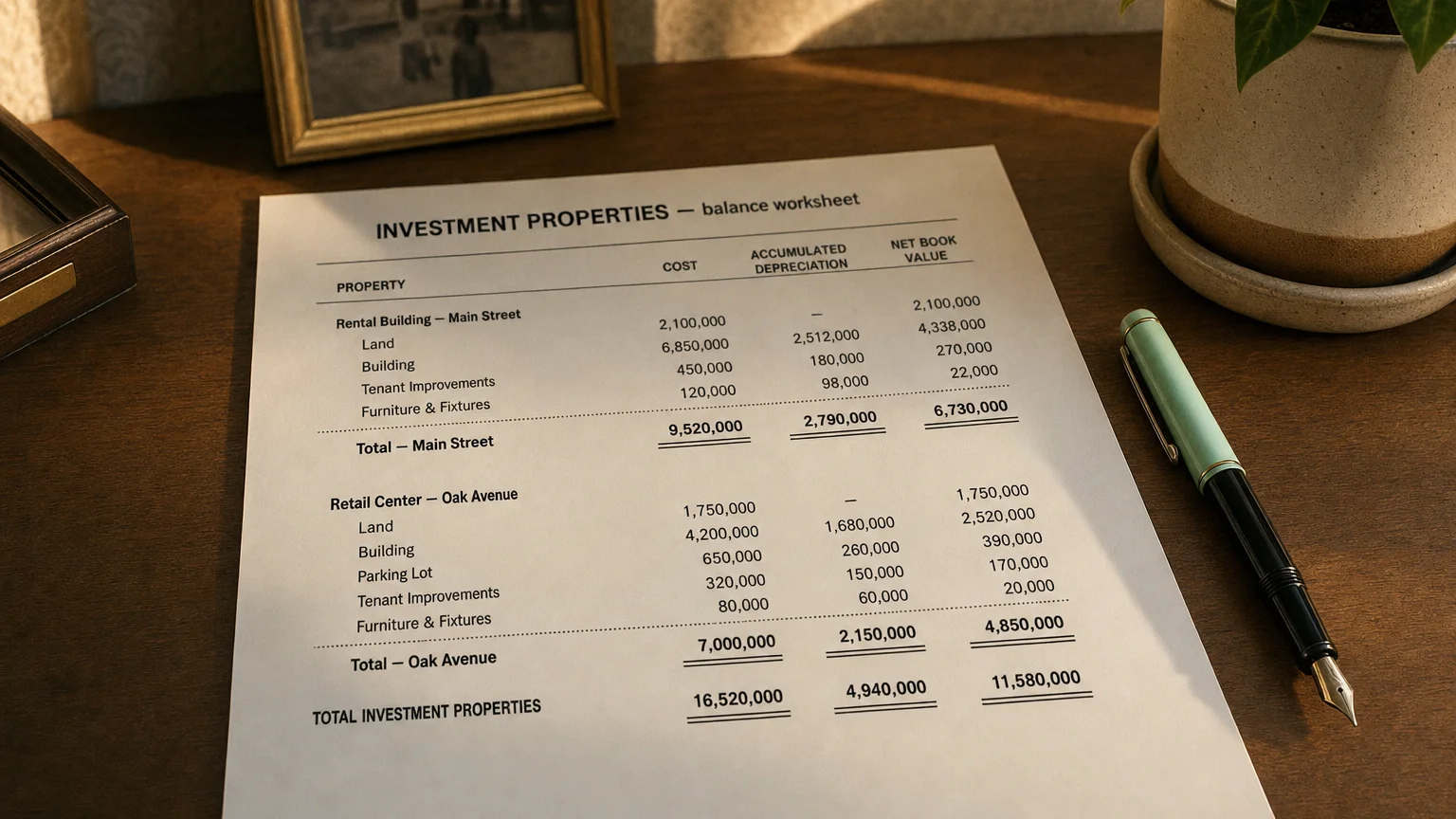Accounting worksheet showing investment properties line items with neat column totals and a fountain pen.