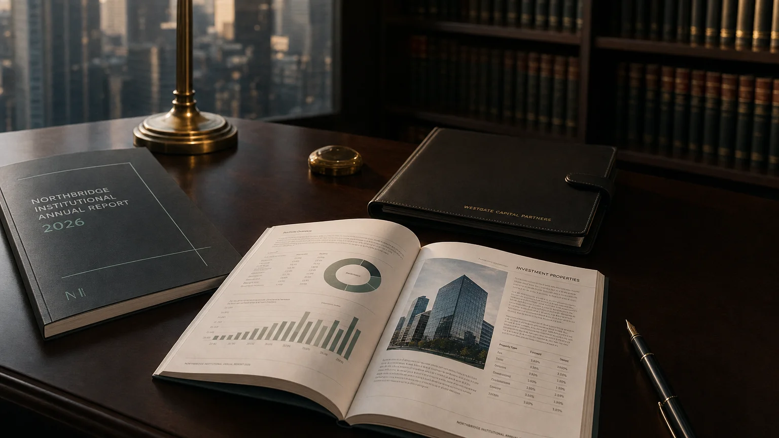 Corporate ledger or annual-report booklet open to the investment properties chapter on a wooden desk.