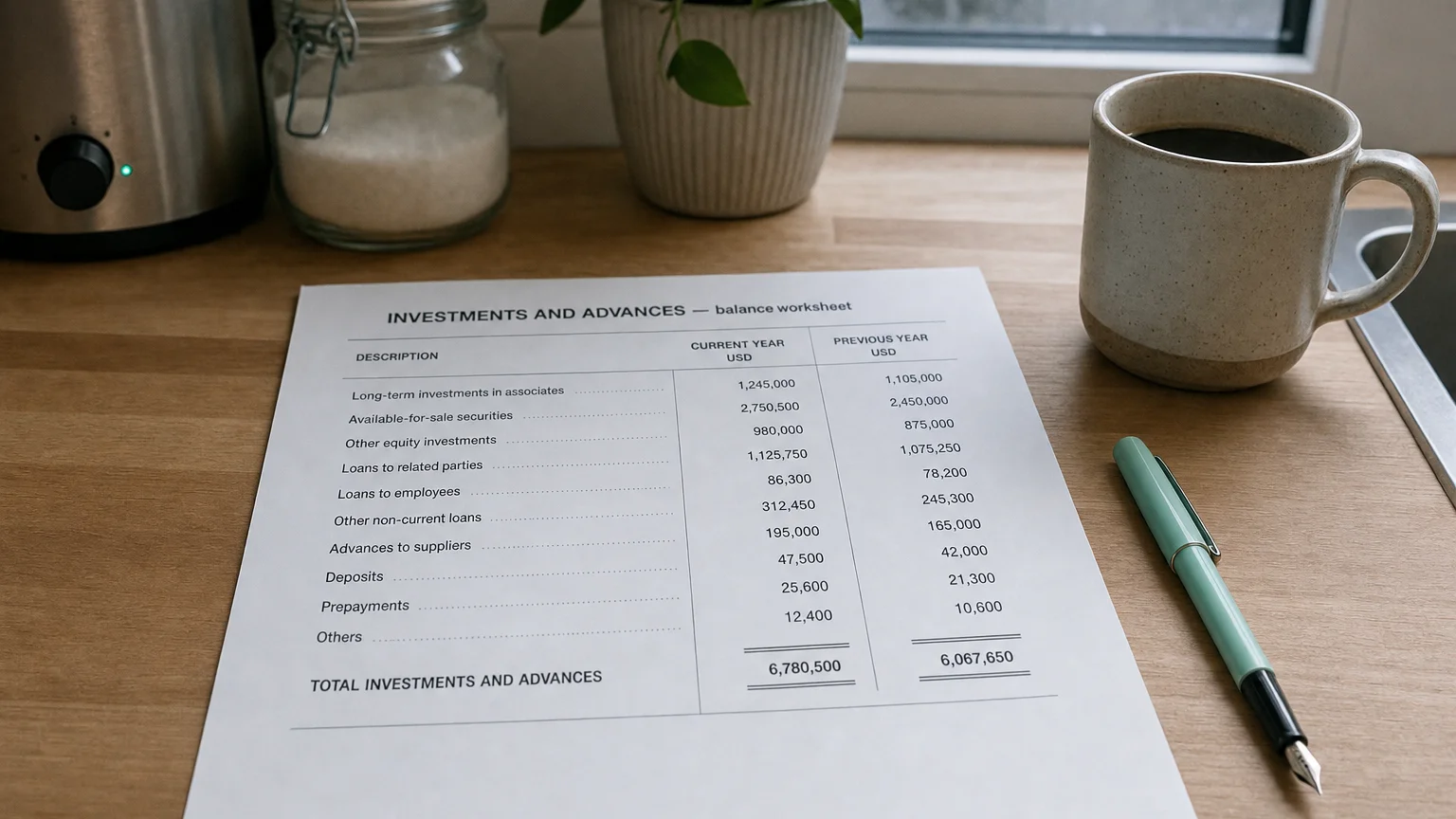 Accounting worksheet showing investments and advances line items with neat column totals and a fountain pen.
