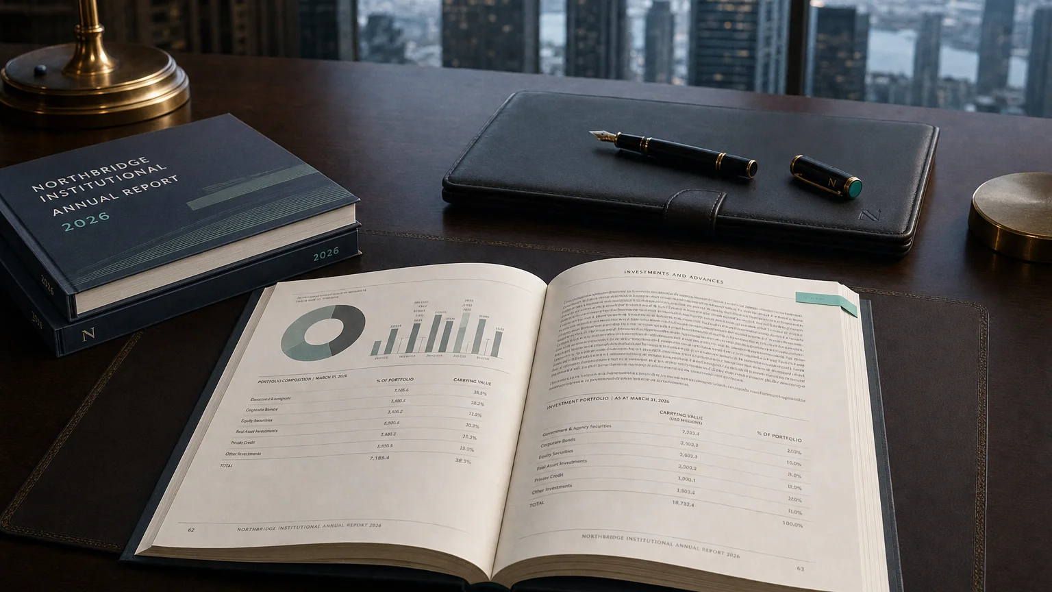 Corporate ledger or annual-report booklet open to the investments and advances chapter on a wooden desk.