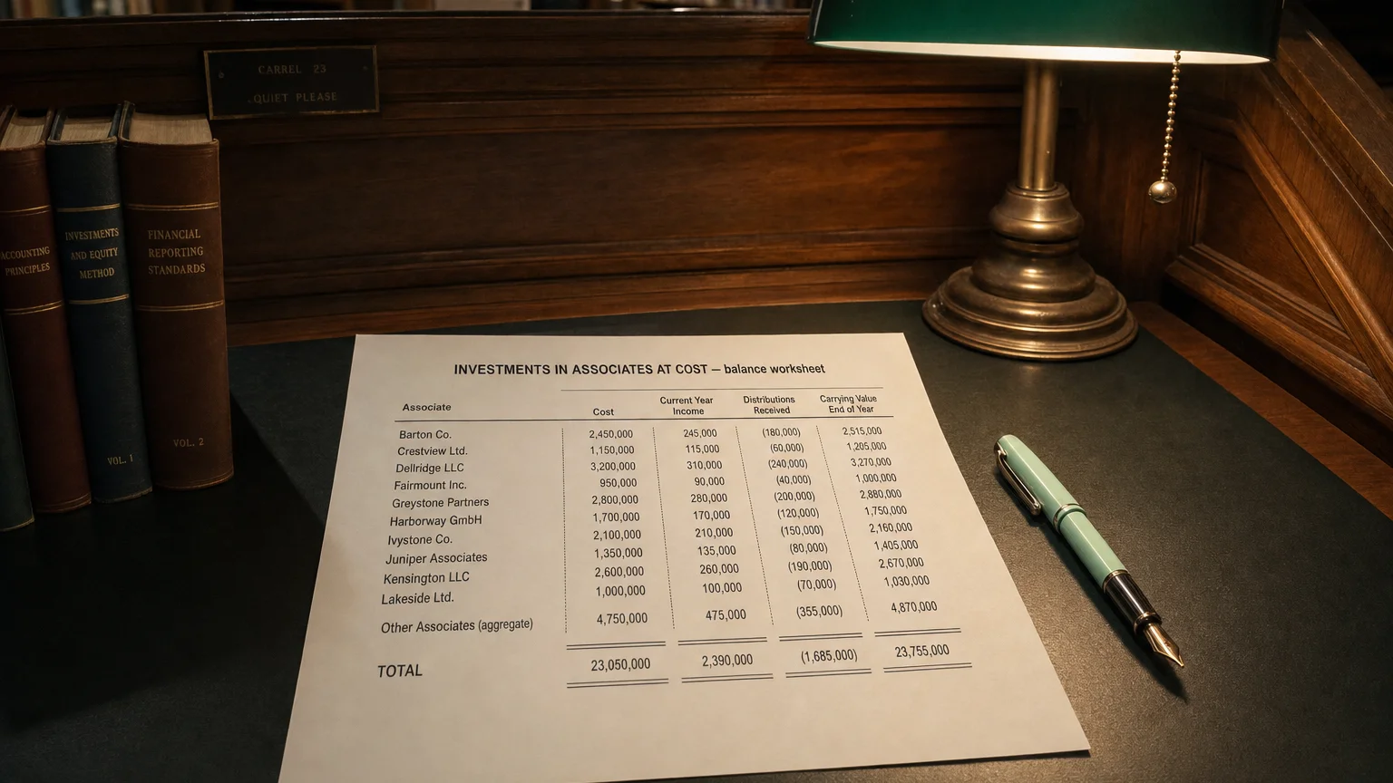 Accounting worksheet showing investments in associates at cost line items with neat column totals and a fountain pen.