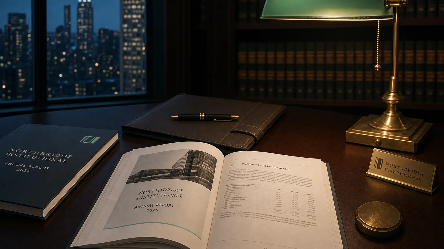 Corporate ledger or annual-report booklet open to the investments in associates at cost chapter on a wooden desk.