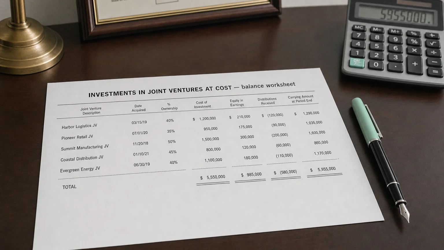 Accounting worksheet showing investments in joint ventures at cost line items with neat column totals and a fountain pen.