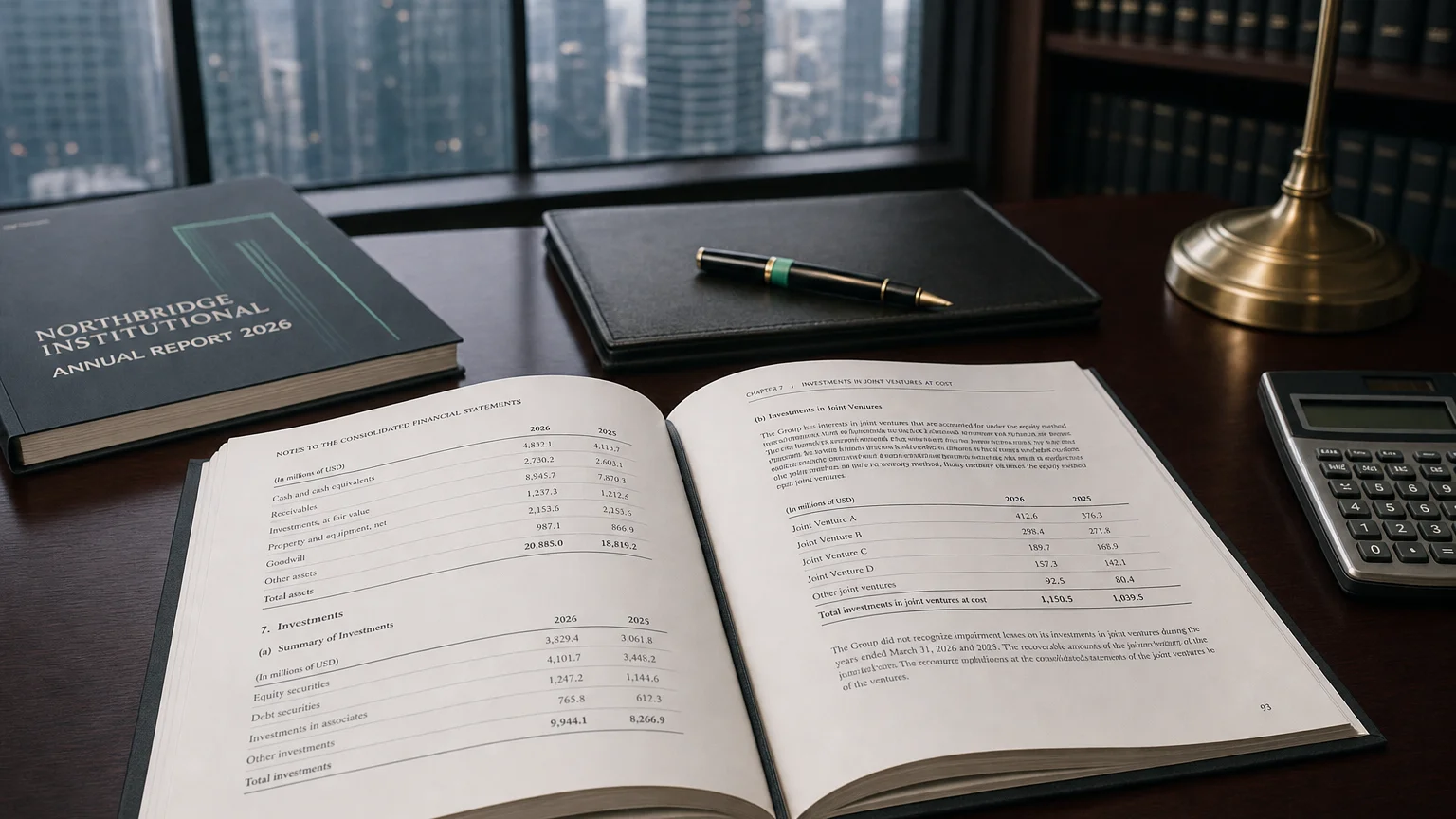 Corporate ledger or annual-report booklet open to the investments in joint ventures at cost chapter on a wooden desk.