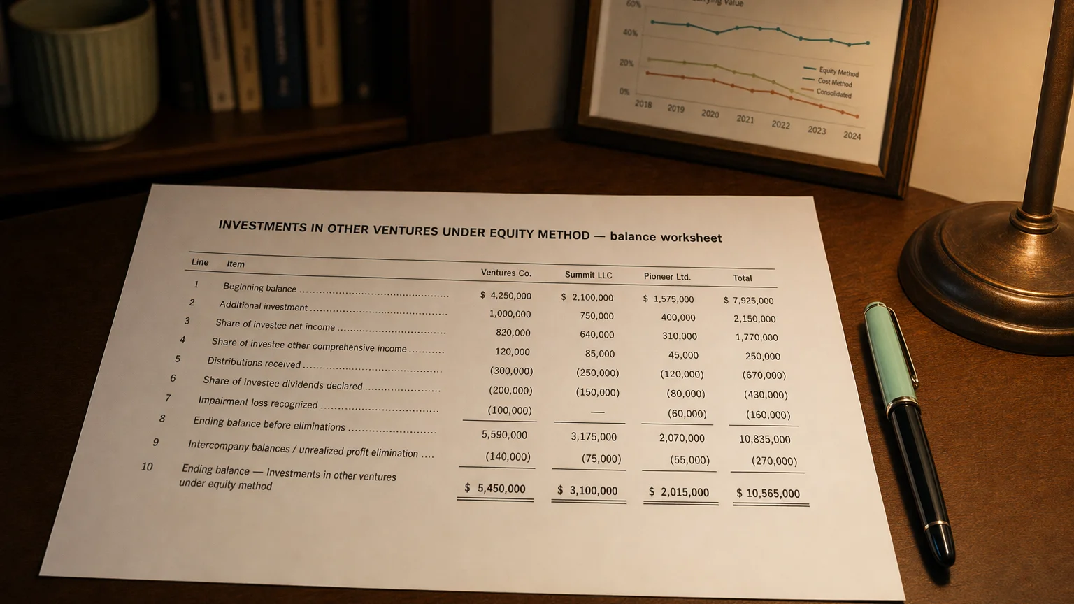 Accounting worksheet showing investments in other ventures under equity method line items with neat column totals and a fountain pen.