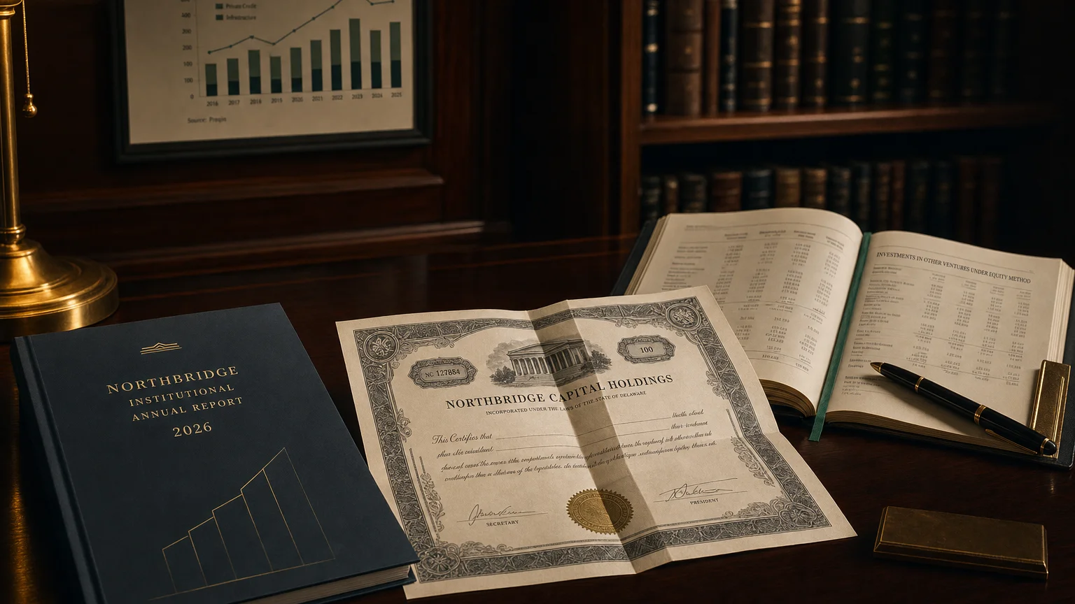 Corporate ledger or annual-report booklet open to the investments in other ventures under equity method chapter on a wooden desk.