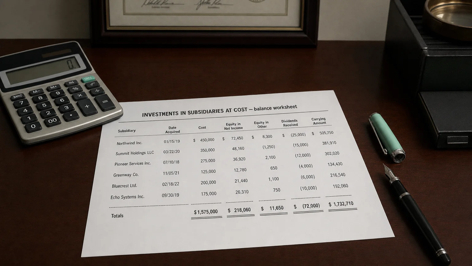 Accounting worksheet showing investments in subsidiaries at cost line items with neat column totals and a fountain pen.