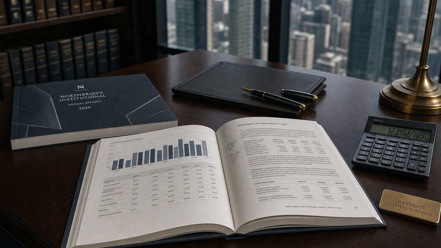 Corporate ledger or annual-report booklet open to the investments in subsidiaries at cost chapter on a wooden desk.