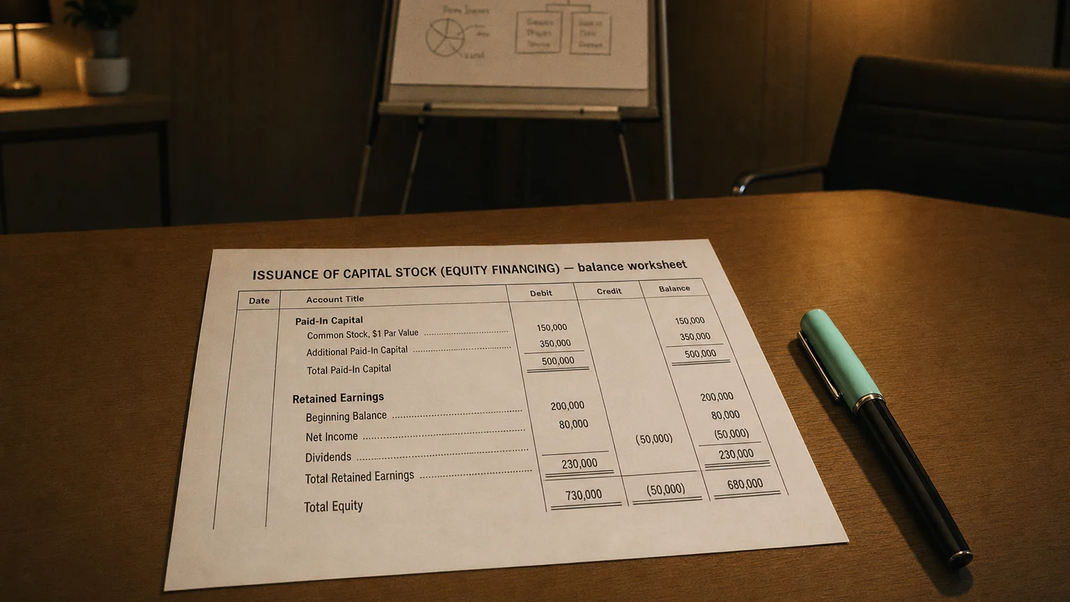 Accounting worksheet showing issuance of capital stock (equity financing) line items with neat column totals and a fountain pen.