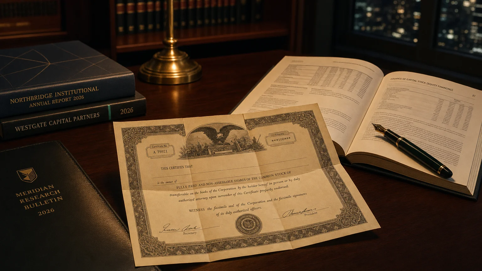 Corporate ledger or annual-report booklet open to the issuance of capital stock (equity financing) chapter on a wooden desk.