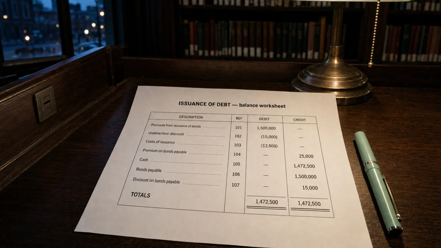 Accounting worksheet showing issuance of debt line items with neat column totals and a fountain pen.
