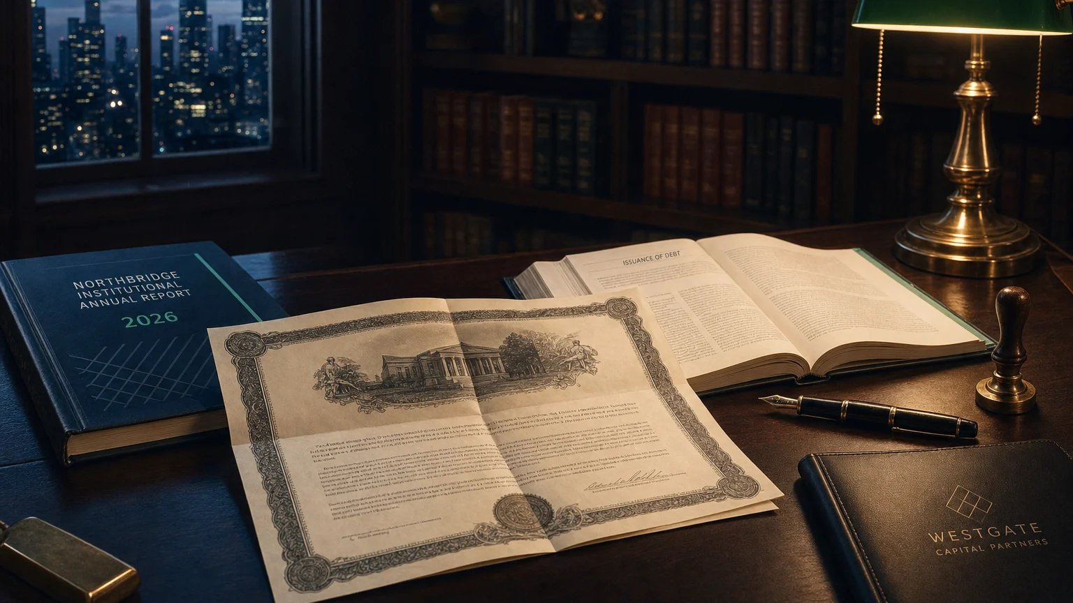 Corporate ledger or annual-report booklet open to the issuance of debt chapter on a wooden desk.