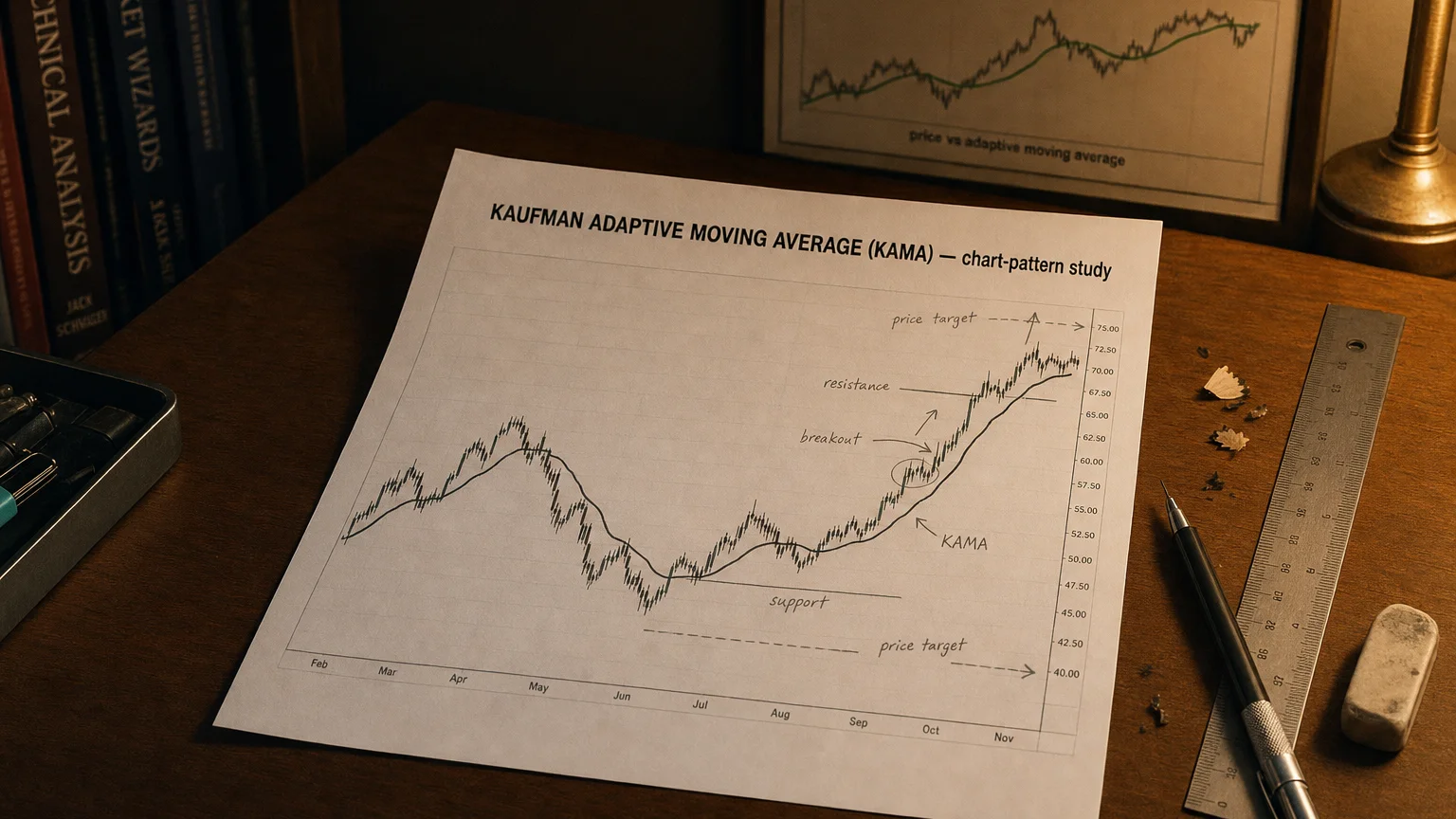 Printed candlestick chart annotated with hand-drawn kaufman adaptive moving average (kama) pattern markers on an analyst desk.