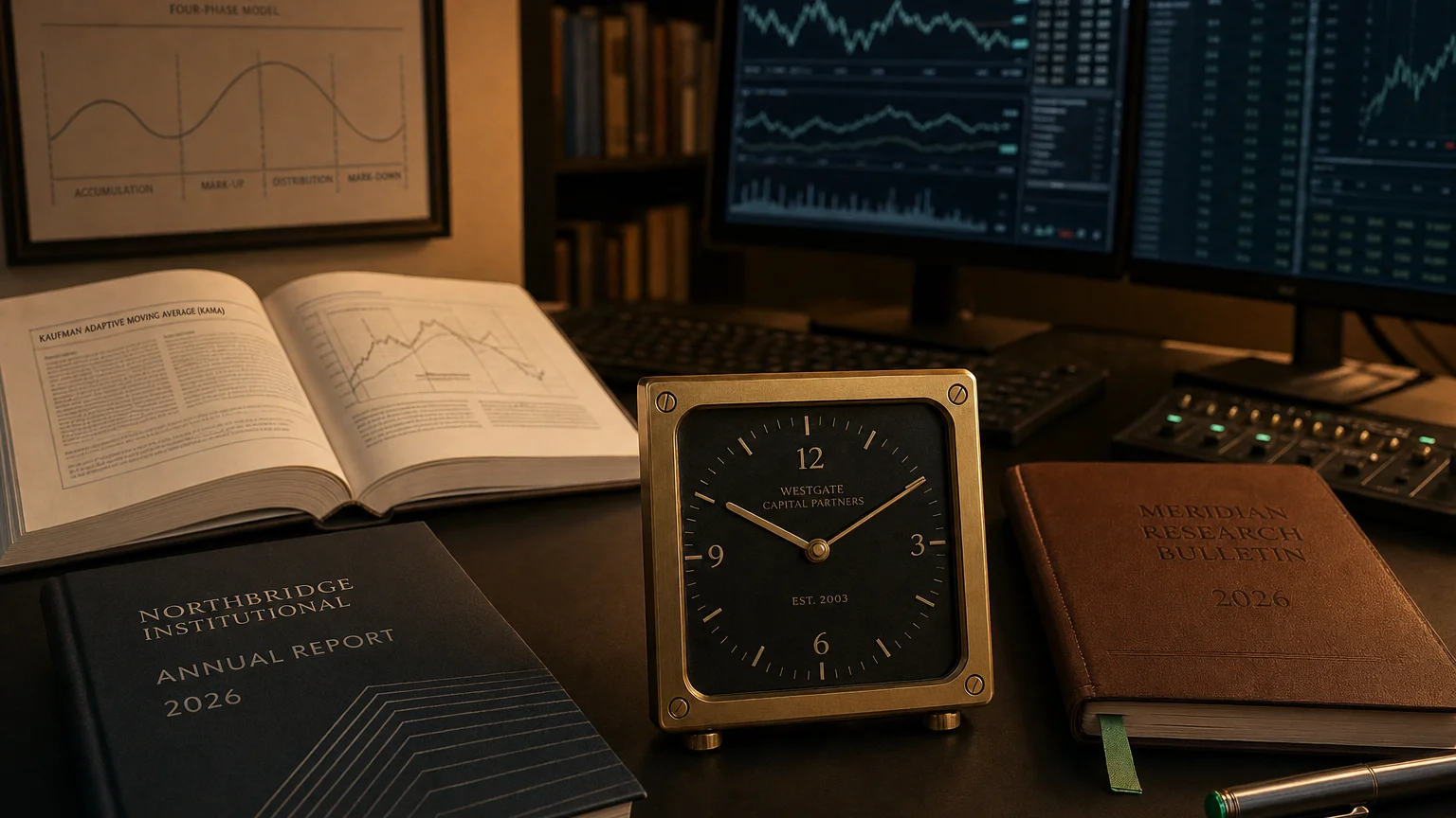 Trading-desk artifact representing kaufman adaptive moving average (kama) — textbook page and bull-or-bear desk sculpture.