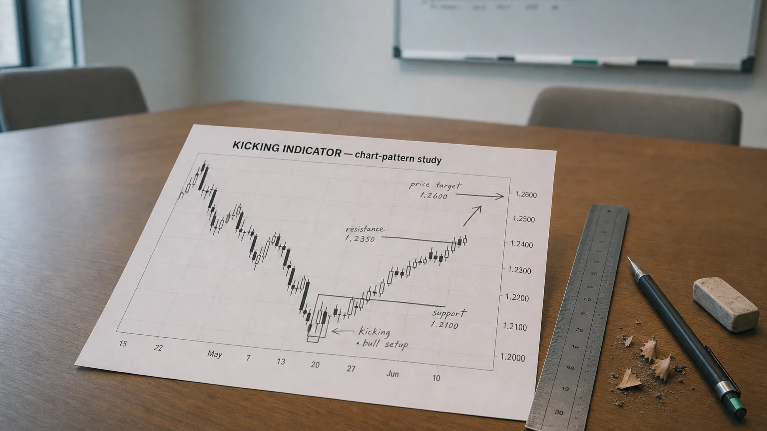 Printed candlestick chart annotated with hand-drawn kicking indicator pattern markers on an analyst desk.