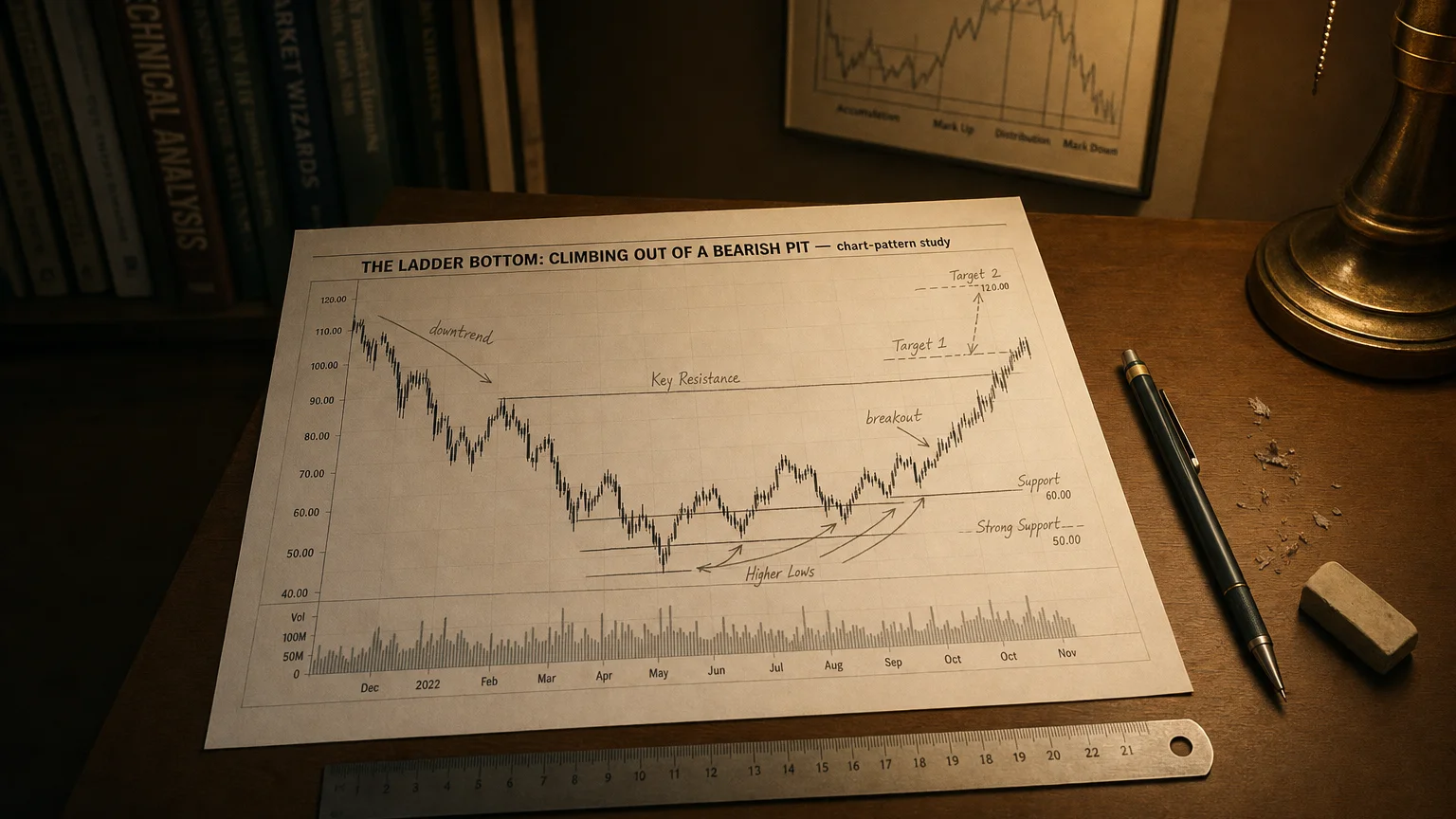 Printed candlestick chart annotated with hand-drawn the ladder bottom: climbing out of a bearish pit pattern markers on an analyst desk.