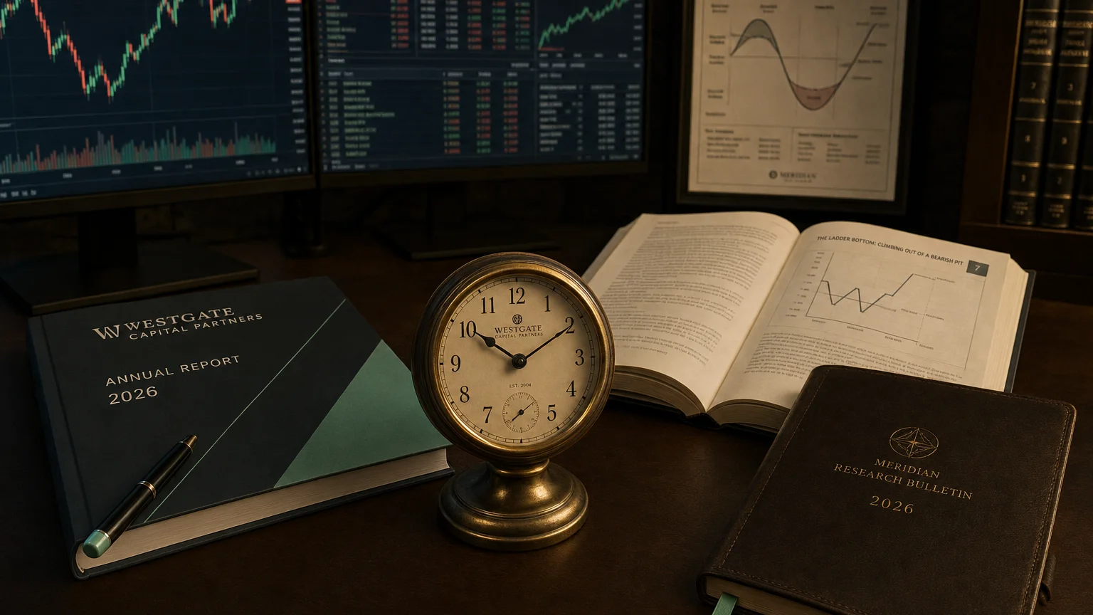Trading-desk artifact representing the ladder bottom: climbing out of a bearish pit — textbook page and bull-or-bear desk sculpture.