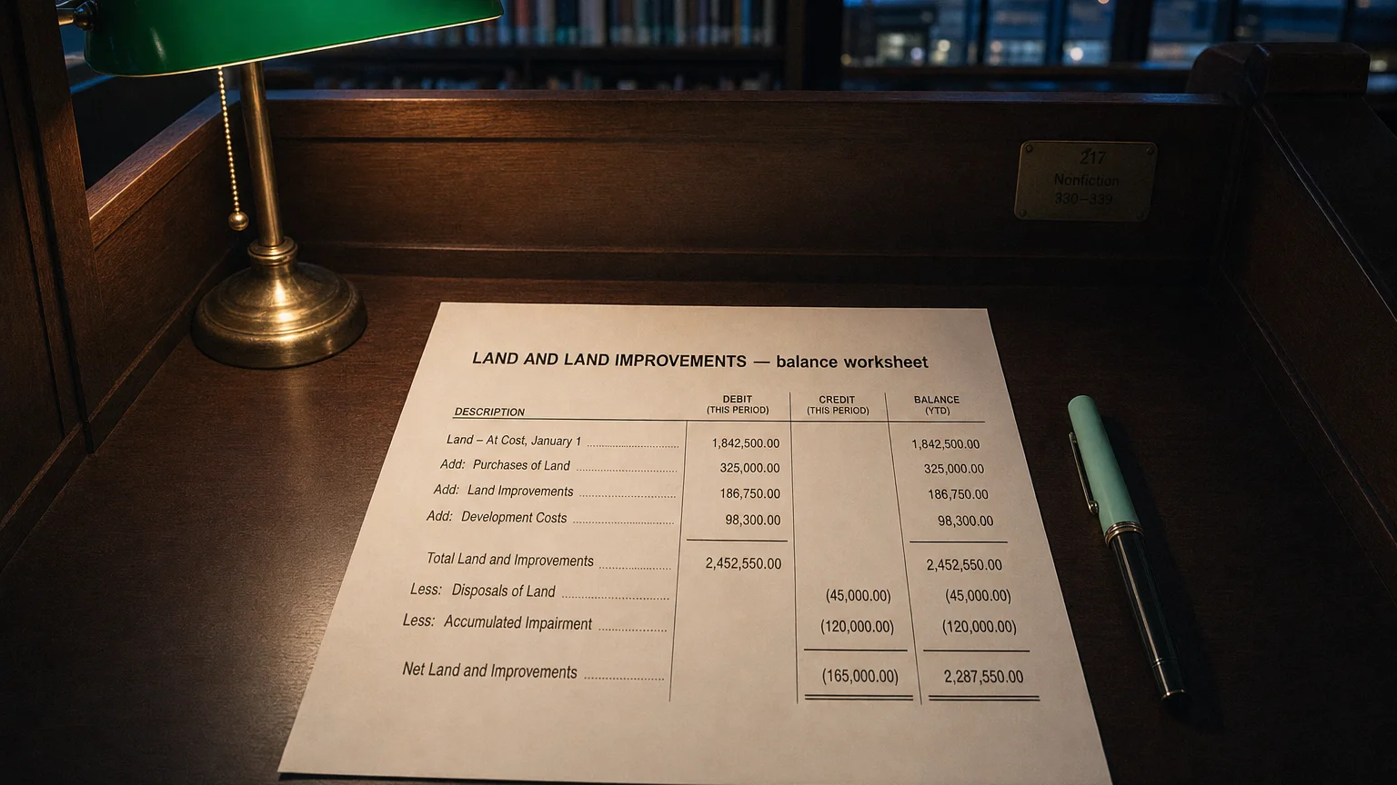 Accounting worksheet showing land and land improvements line items with neat column totals and a fountain pen.