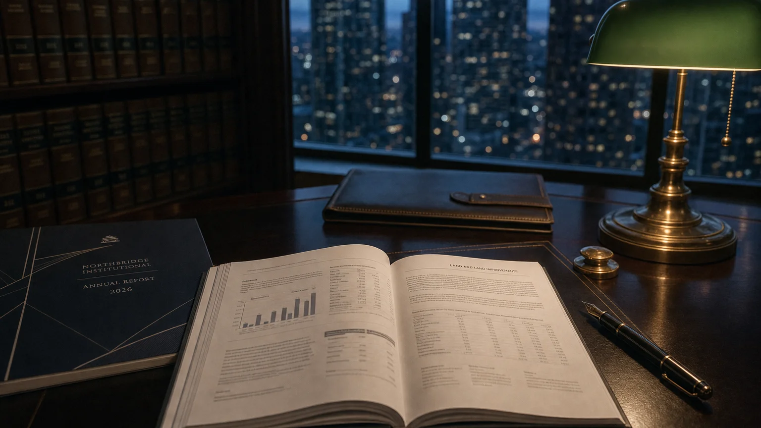 Corporate ledger or annual-report booklet open to the land and land improvements chapter on a wooden desk.