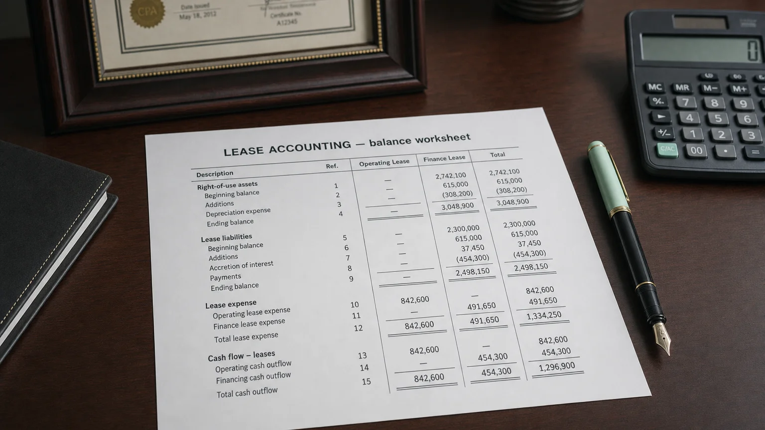 Accounting worksheet showing lease accounting line items with neat column totals and a fountain pen.