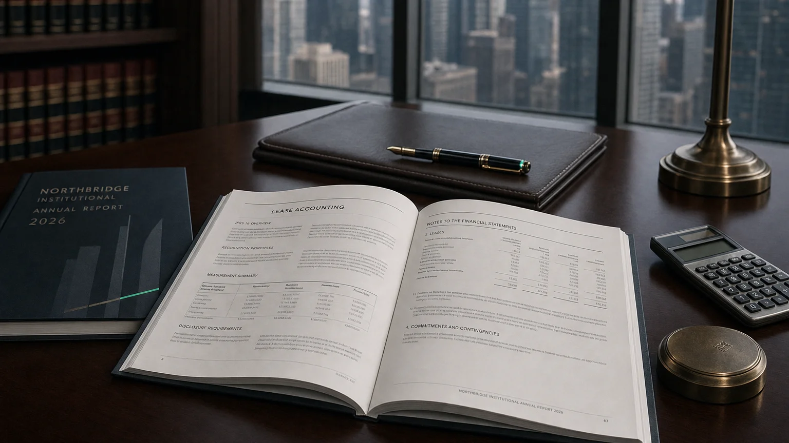Corporate ledger or annual-report booklet open to the lease accounting chapter on a wooden desk.
