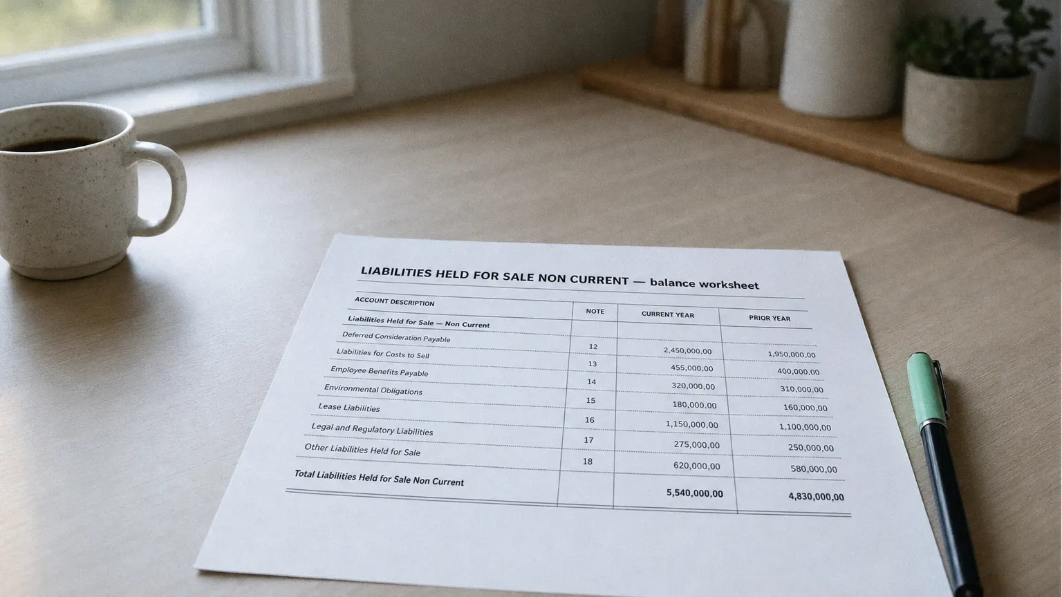 Accounting worksheet showing liabilities held for sale non current line items with neat column totals and a fountain pen.