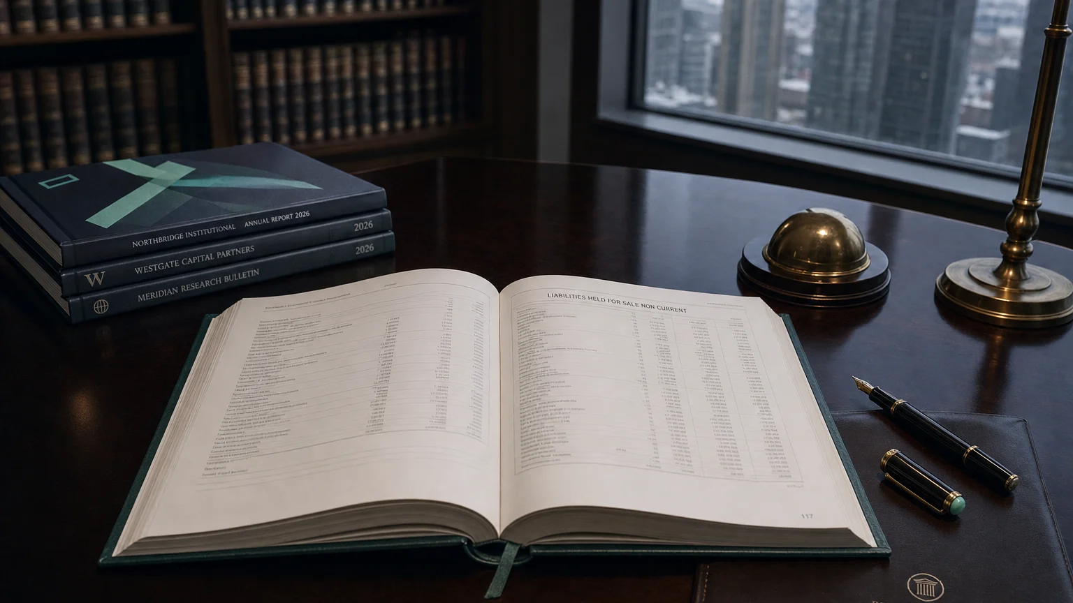 Corporate ledger or annual-report booklet open to the liabilities held for sale non current chapter on a wooden desk.