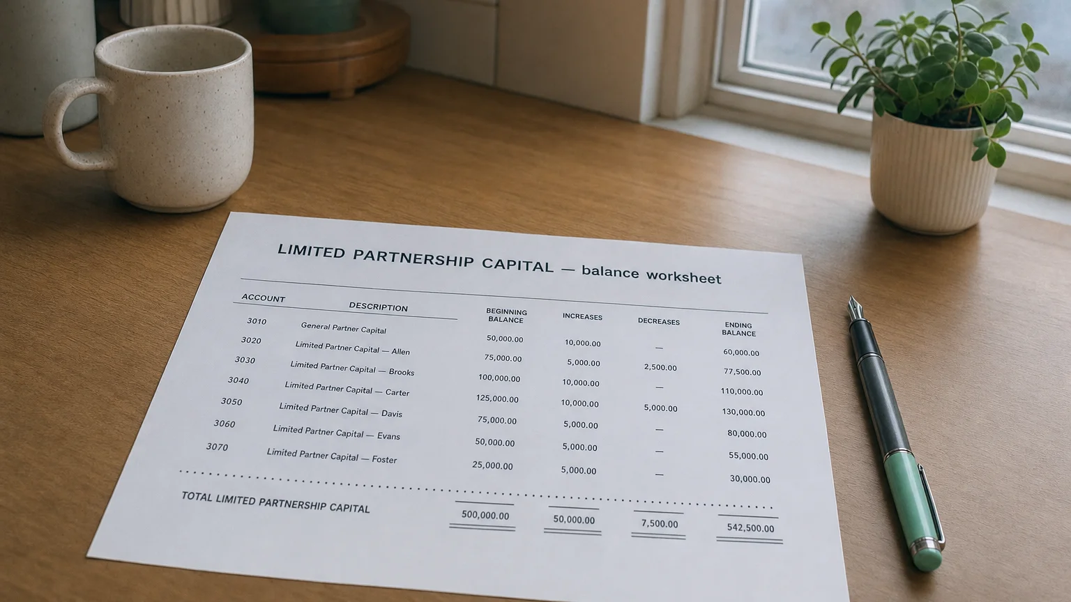 Accounting worksheet showing limited partnership capital line items with neat column totals and a fountain pen.