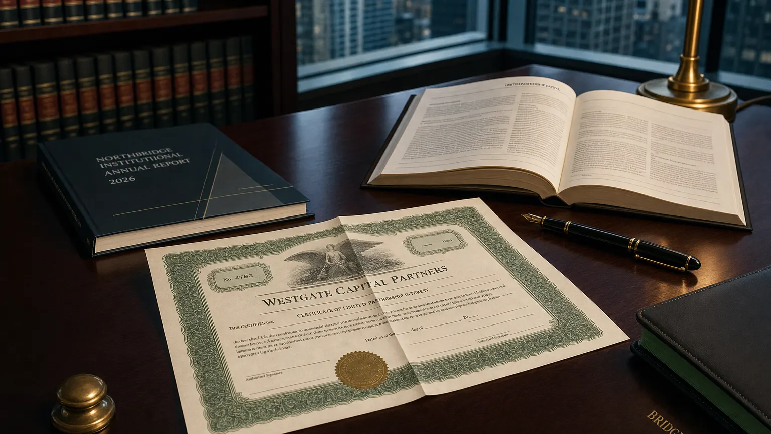 Corporate ledger or annual-report booklet open to the limited partnership capital chapter on a wooden desk.