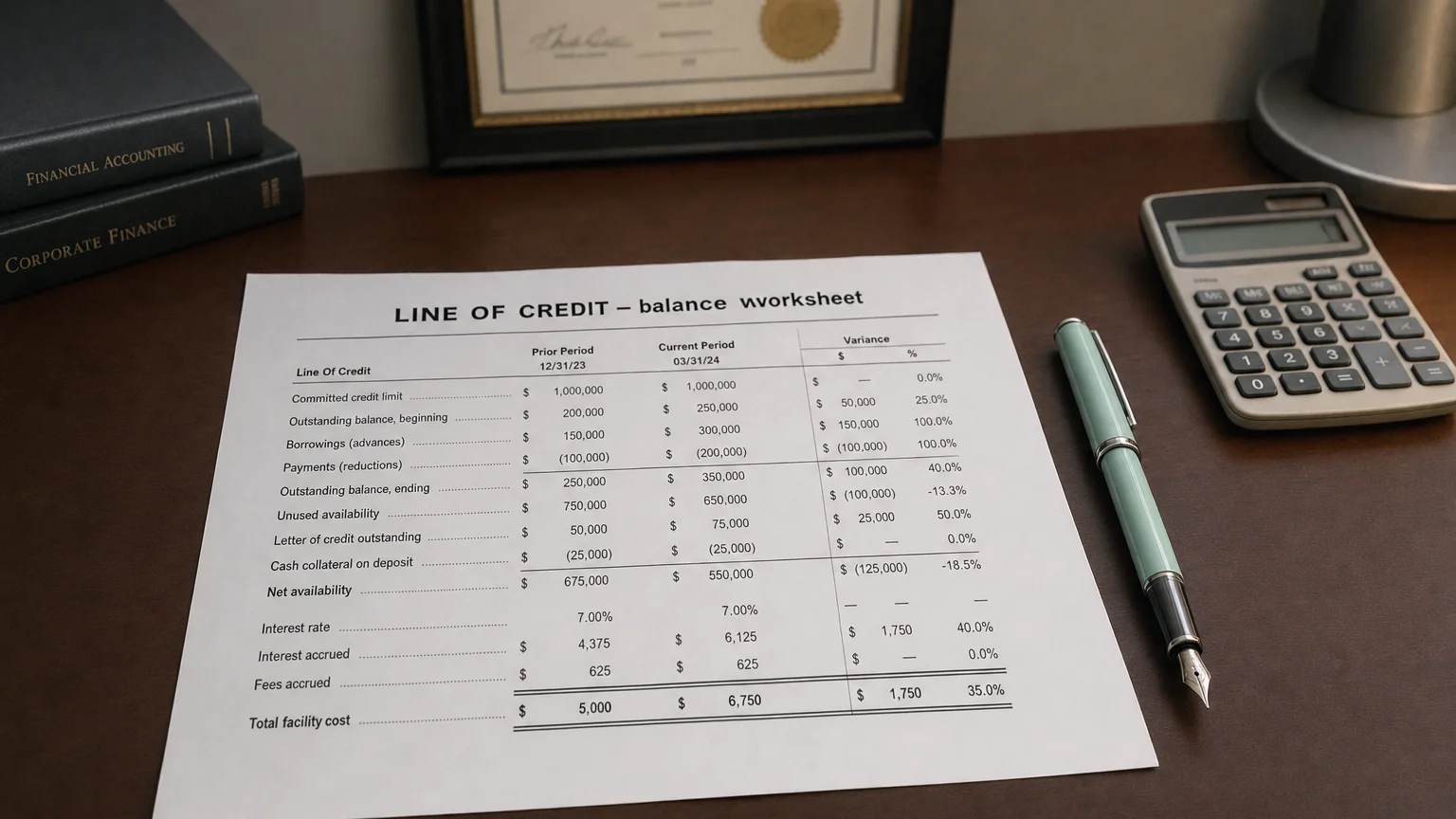 Accounting worksheet showing line of credit line items with neat column totals and a fountain pen.