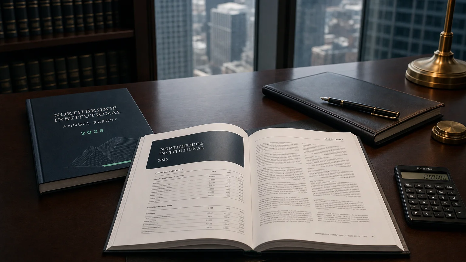 Corporate ledger or annual-report booklet open to the line of credit chapter on a wooden desk.
