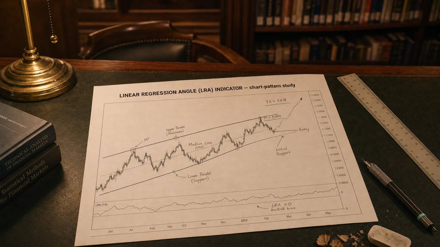 Printed candlestick chart annotated with hand-drawn linear regression angle (lra) indicator pattern markers on an analyst desk.
