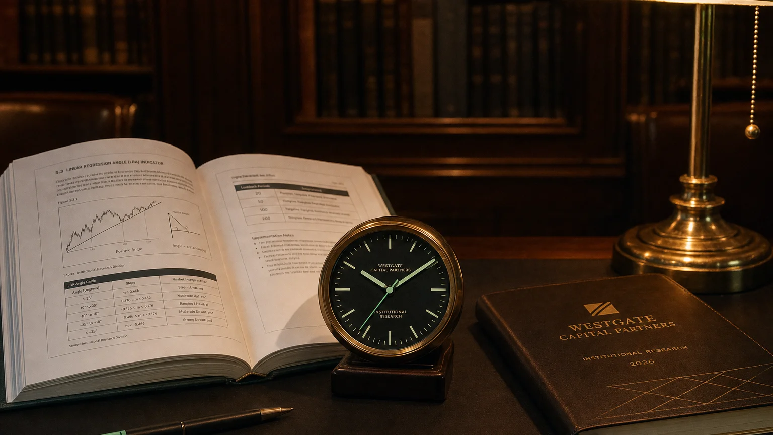 Trading-desk artifact representing linear regression angle (lra) indicator — textbook page and bull-or-bear desk sculpture.