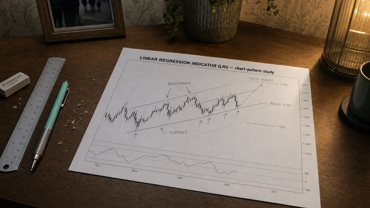 Printed candlestick chart annotated with hand-drawn linear regression indicator (lri) pattern markers on an analyst desk.