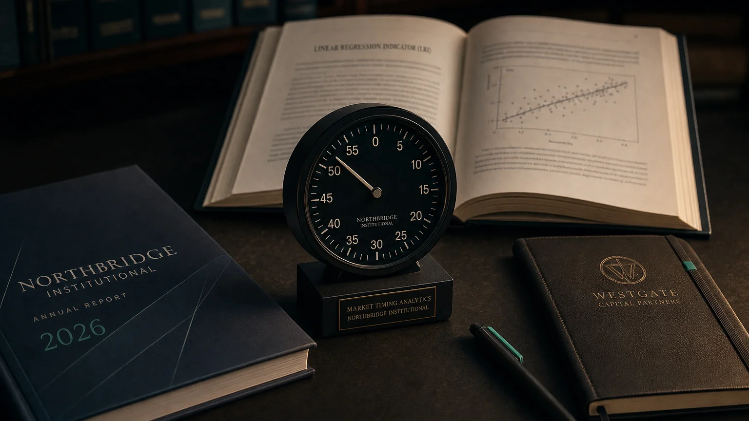 Trading-desk artifact representing linear regression indicator (lri) — textbook page and bull-or-bear desk sculpture.