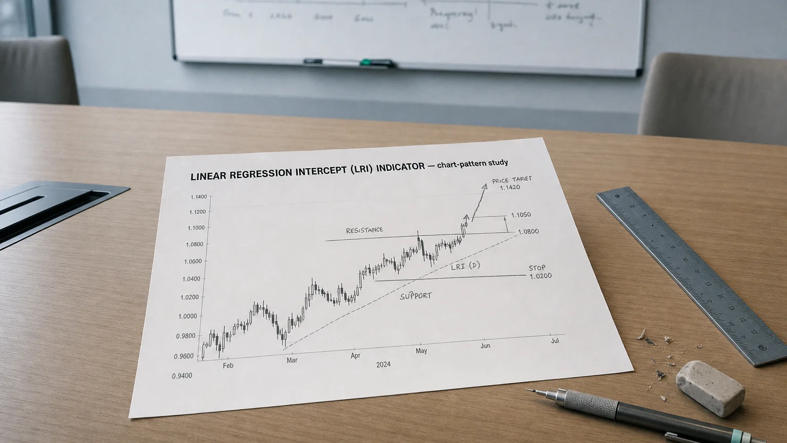 Printed candlestick chart annotated with hand-drawn linear regression intercept (lri) indicator pattern markers on an analyst desk.