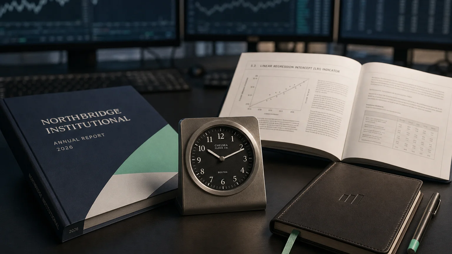 Trading-desk artifact representing linear regression intercept (lri) indicator — textbook page and bull-or-bear desk sculpture.