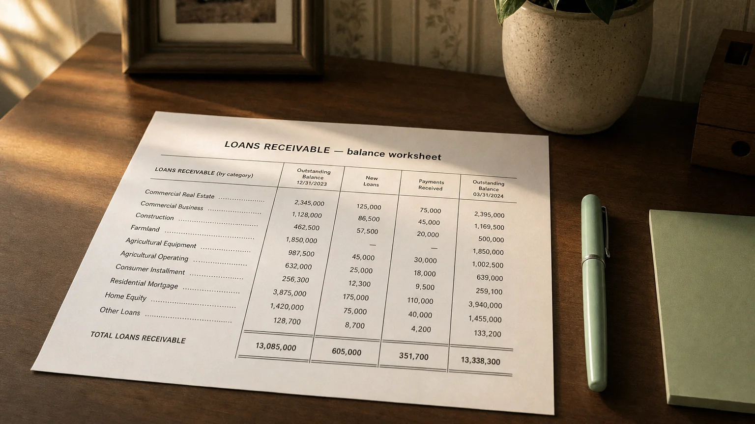 Accounting worksheet showing loans receivable line items with neat column totals and a fountain pen.